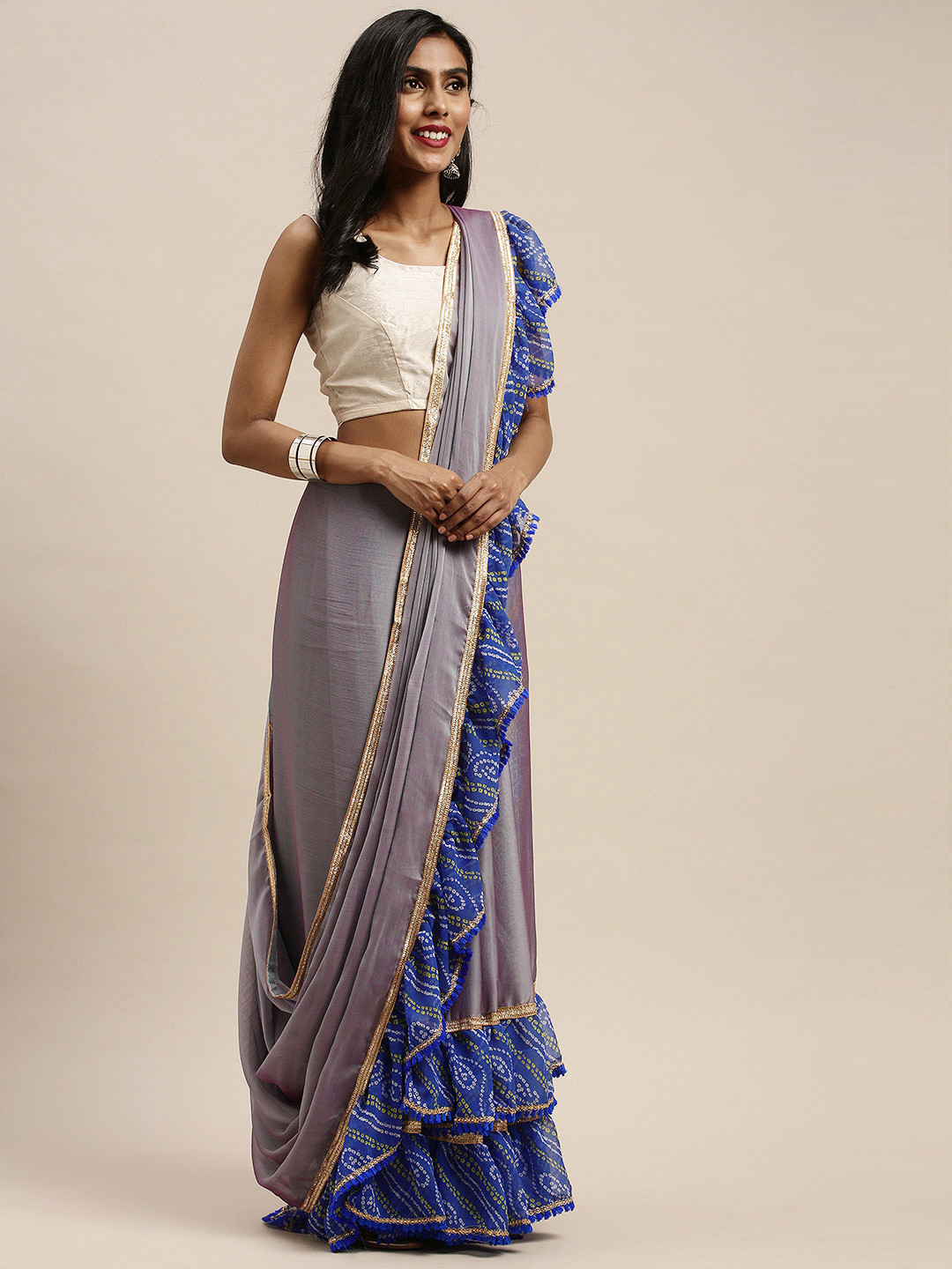 Mitera Grey Solid Poly Chiffon Ruffled Saree