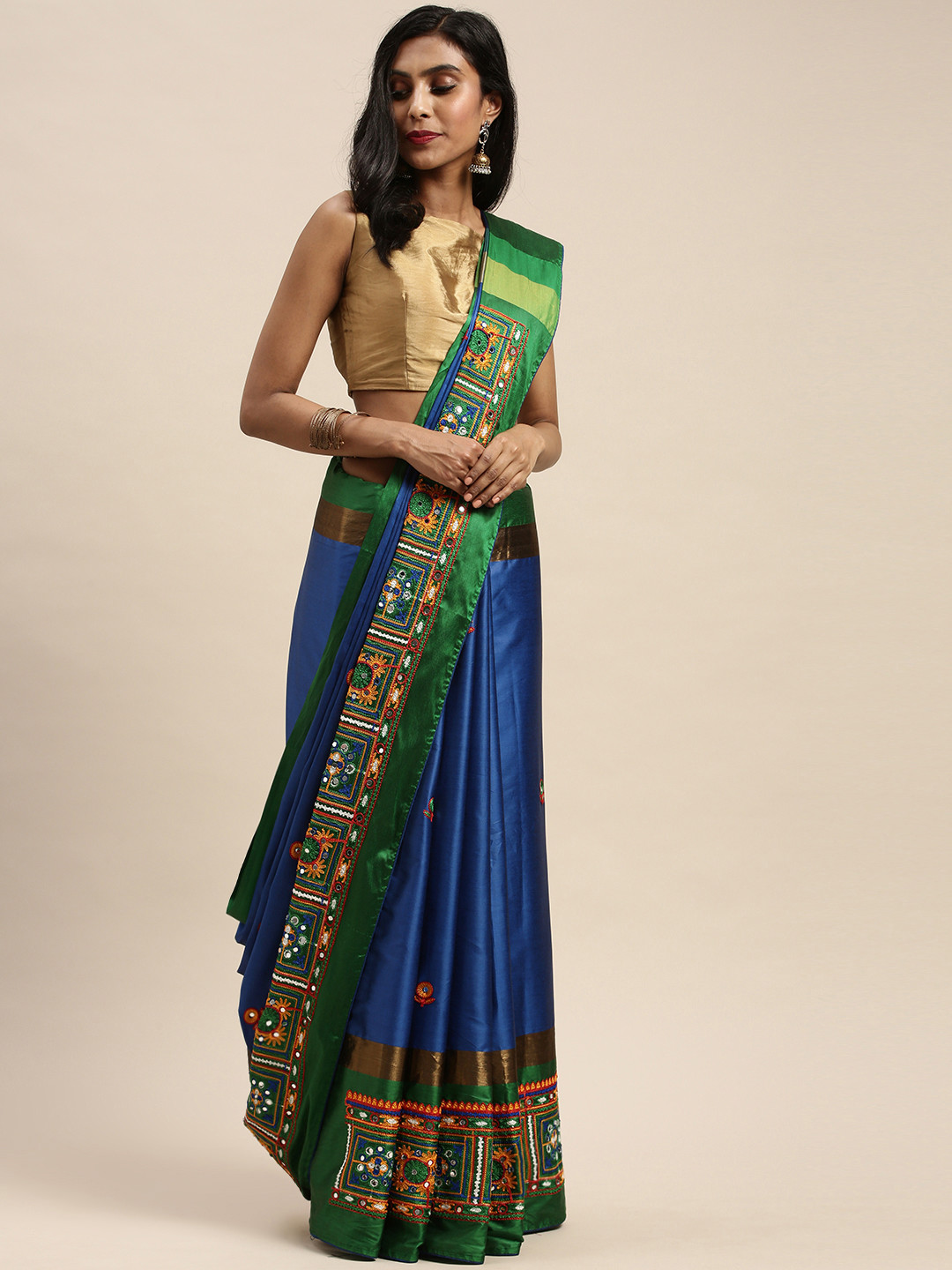 Mitera Blue Solid Silk Cotton Saree With Embroidered Detailing