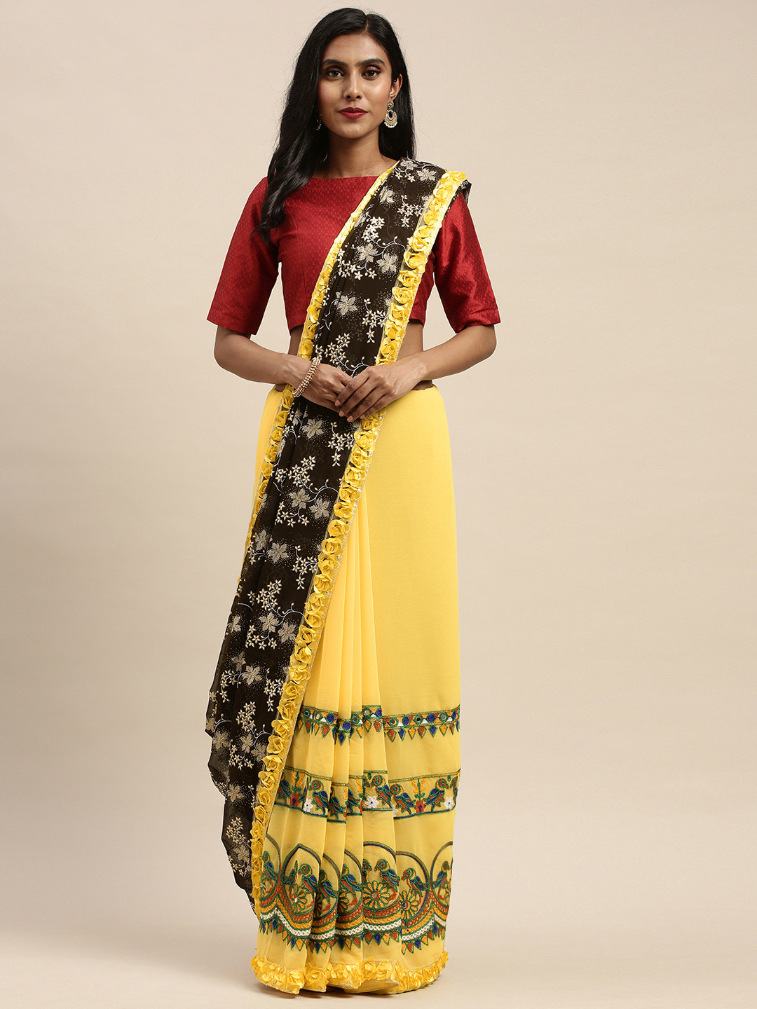 Mitera Yellow & Black Poly Georgette Embroidered Saree