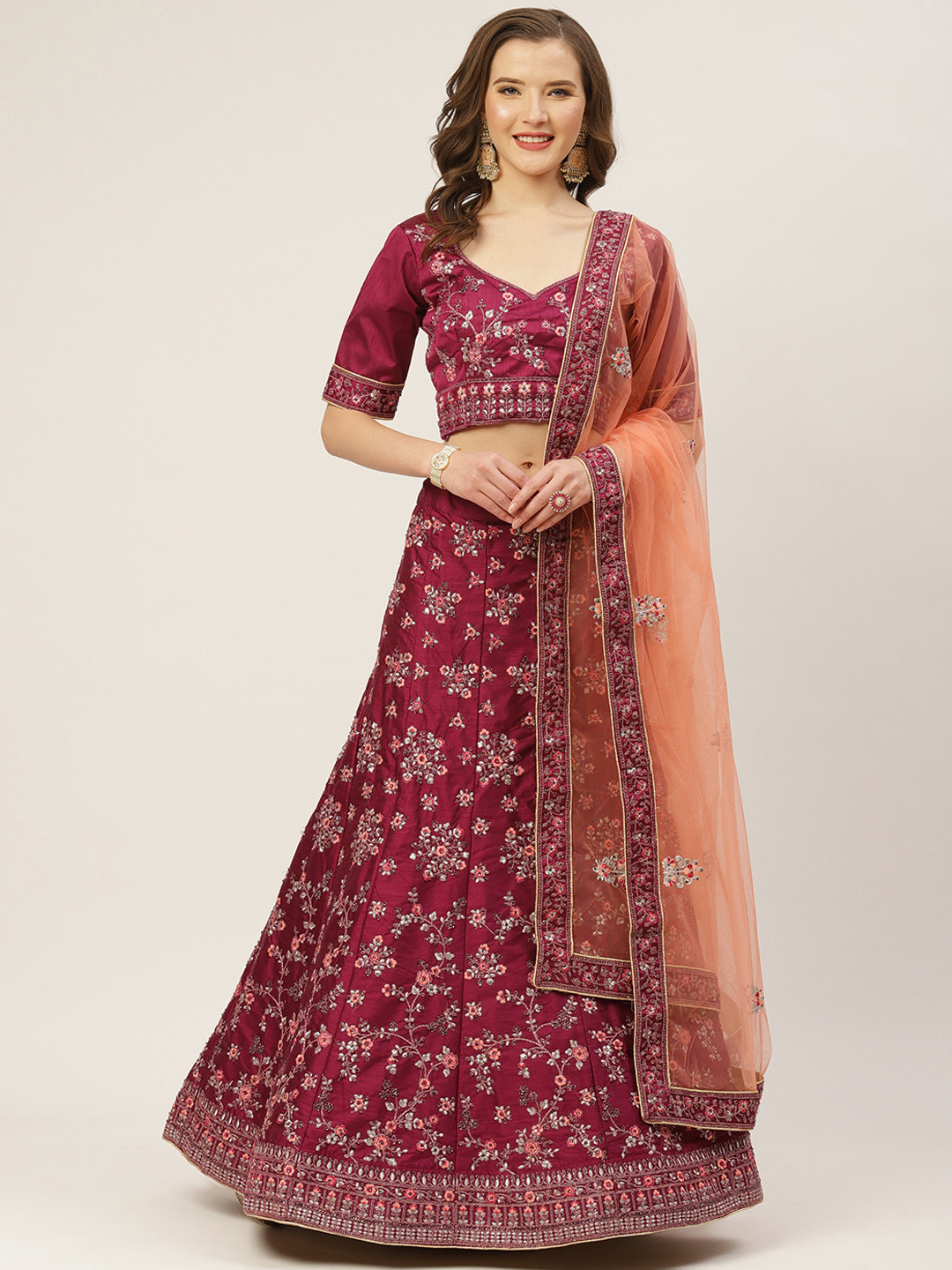 Shaily Burgundy Embroidered Semi-Stitched Lehenga & Unstitched Blouse with Dupatta