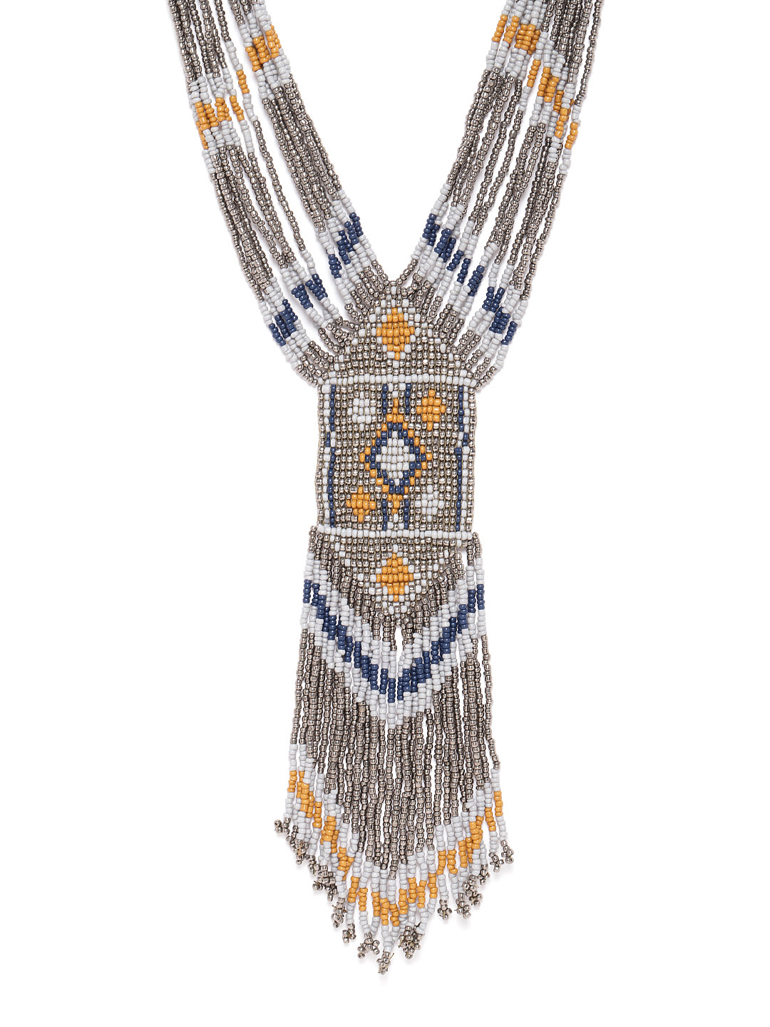RICHEERA Women Grey & Blue Silver-Plated Beaded Tasselled Necklace