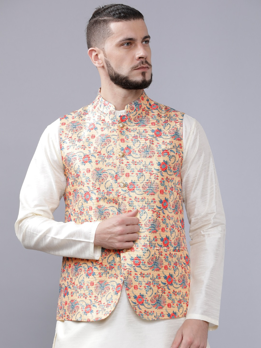 The Indian Garage Co Men Beige & Blue Floral Printed Nehru Jacket