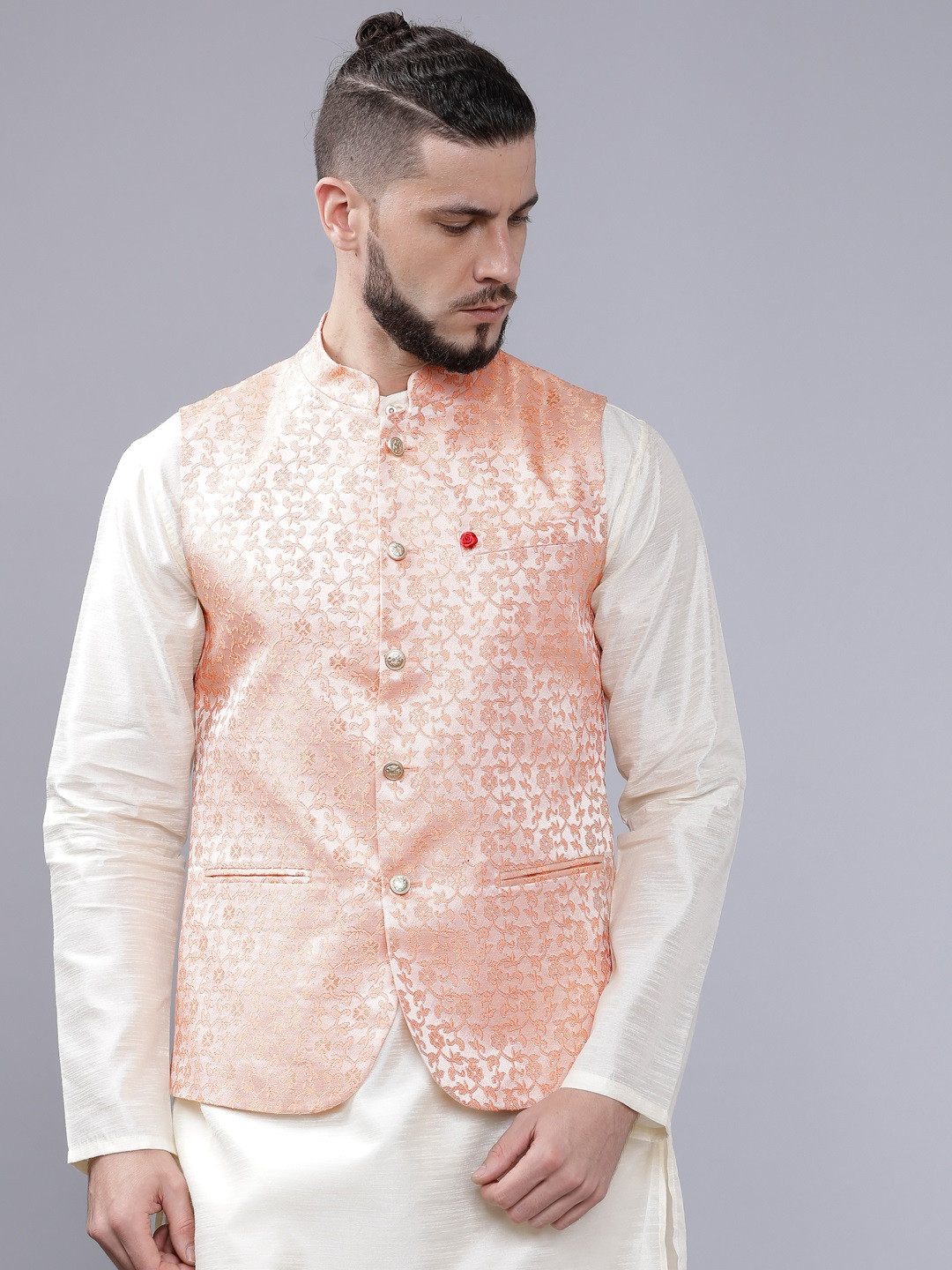 The Indian Garage Co Men Peach-Coloured Woven Design Nehru Jacket