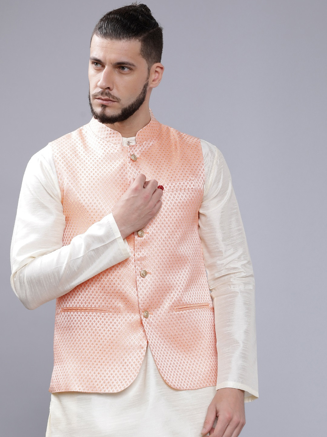 The Indian Garage Co Men Peach-Coloured Woven Design Nehru Jacket