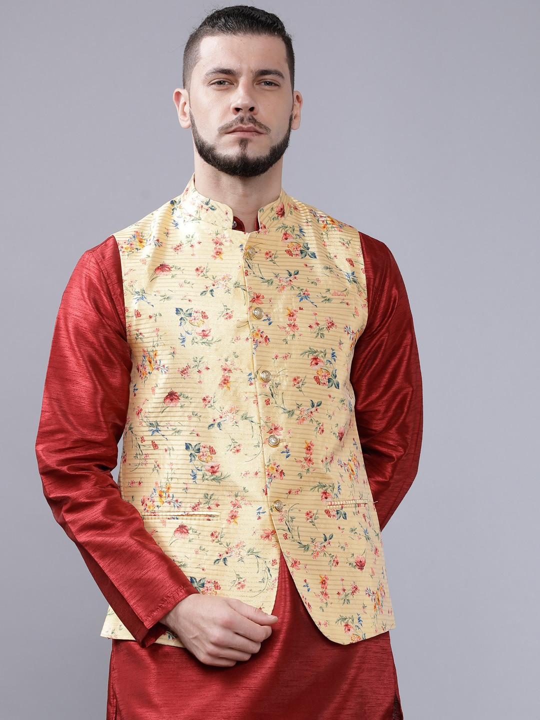 The Indian Garage Co Men Yellow & Pink Floral Printed Nehru Jacket