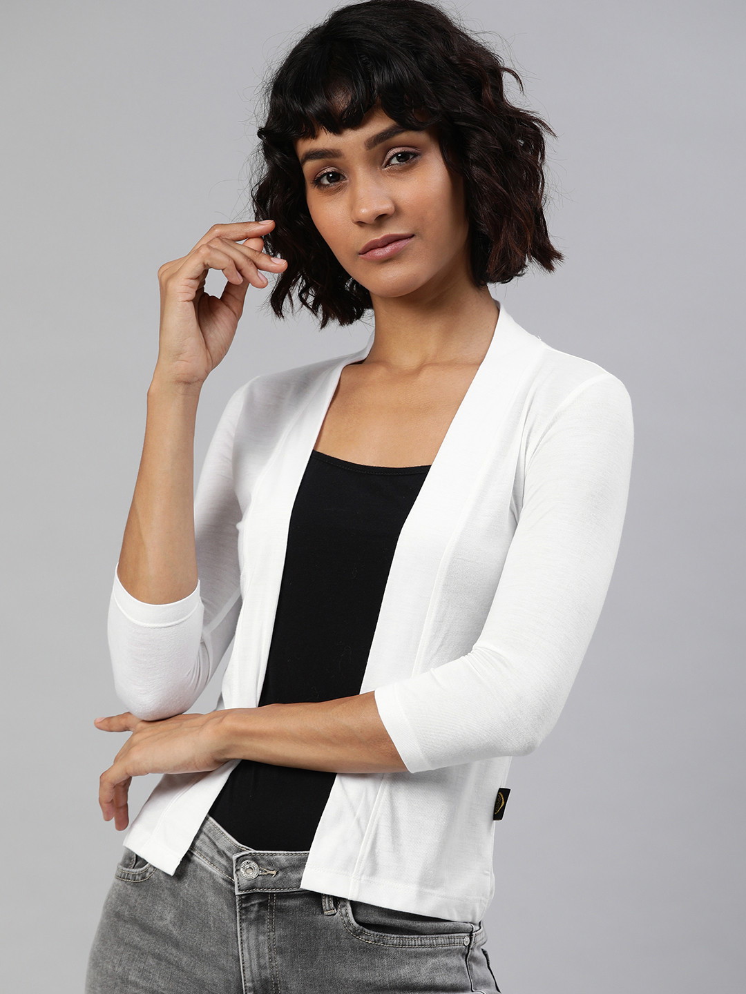 zebu Women White Solid Open Front Shrug