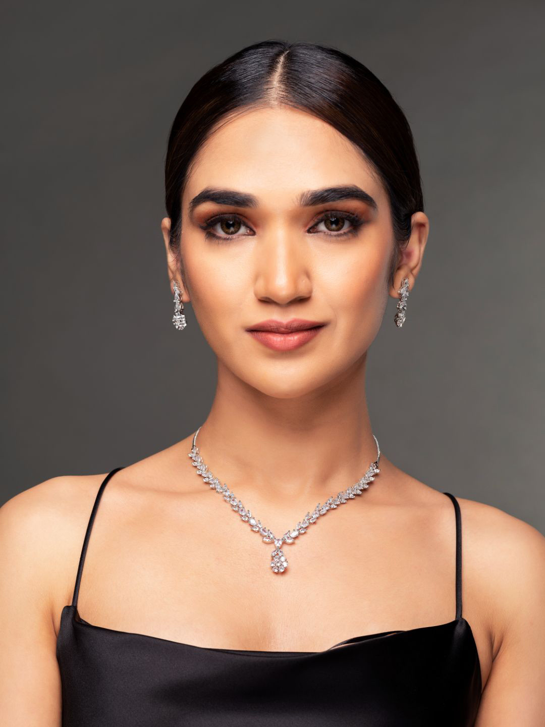 Priyaasi Silver-Plated AD-Studded Handcrafted Leaf-Shaped Jewellery Set