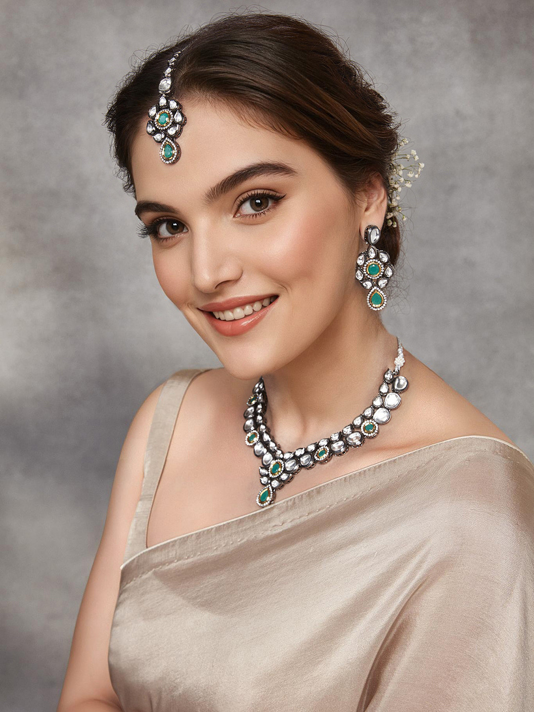 Priyaasi Gun Metal-Toned Silver-Plated Handcrafted Stone-Studded Jewellery Set