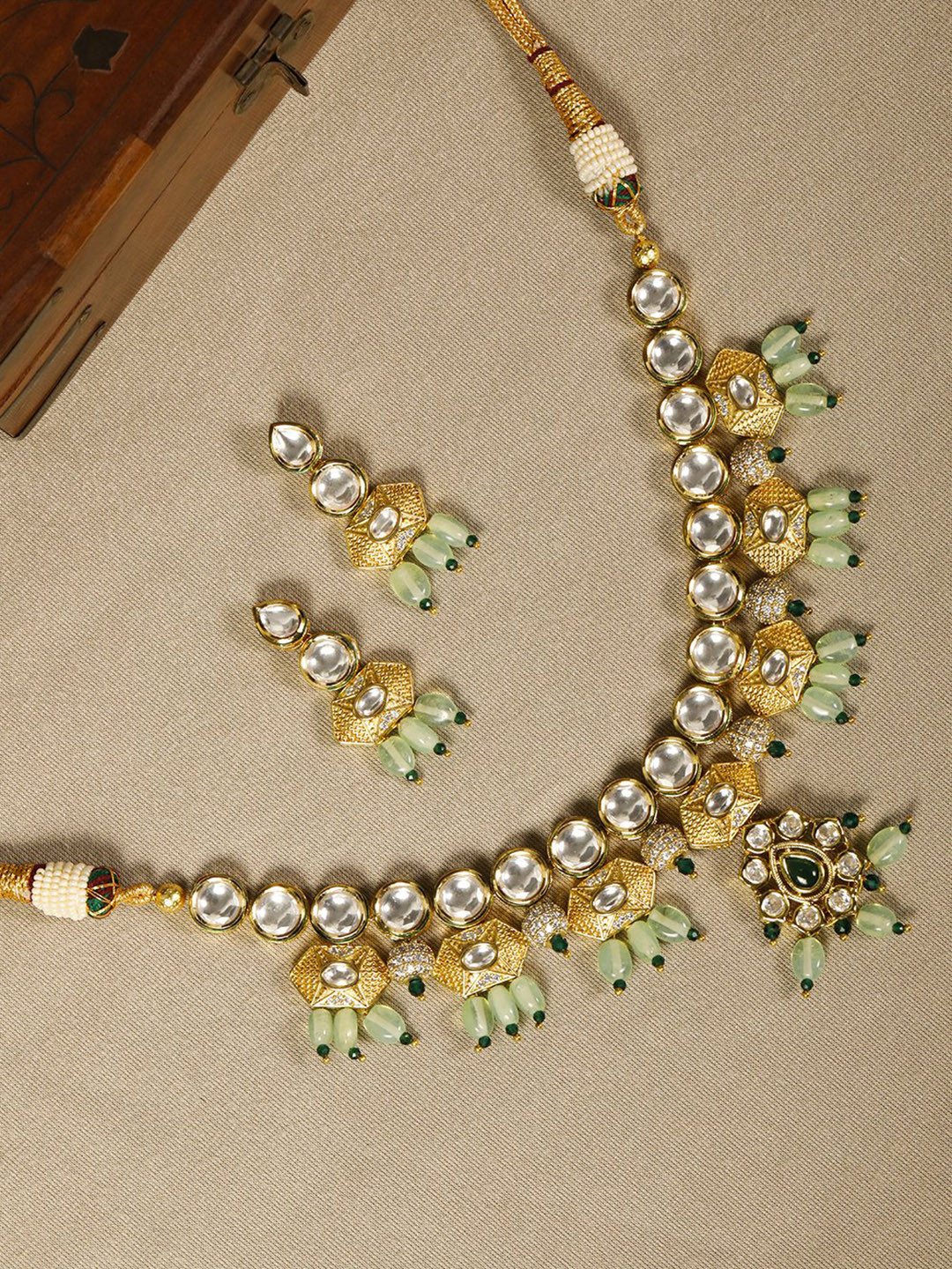 Priyaasi Green & White Gold-Plated Handcrafted Stone-Studded & Beaded Jewellery Set