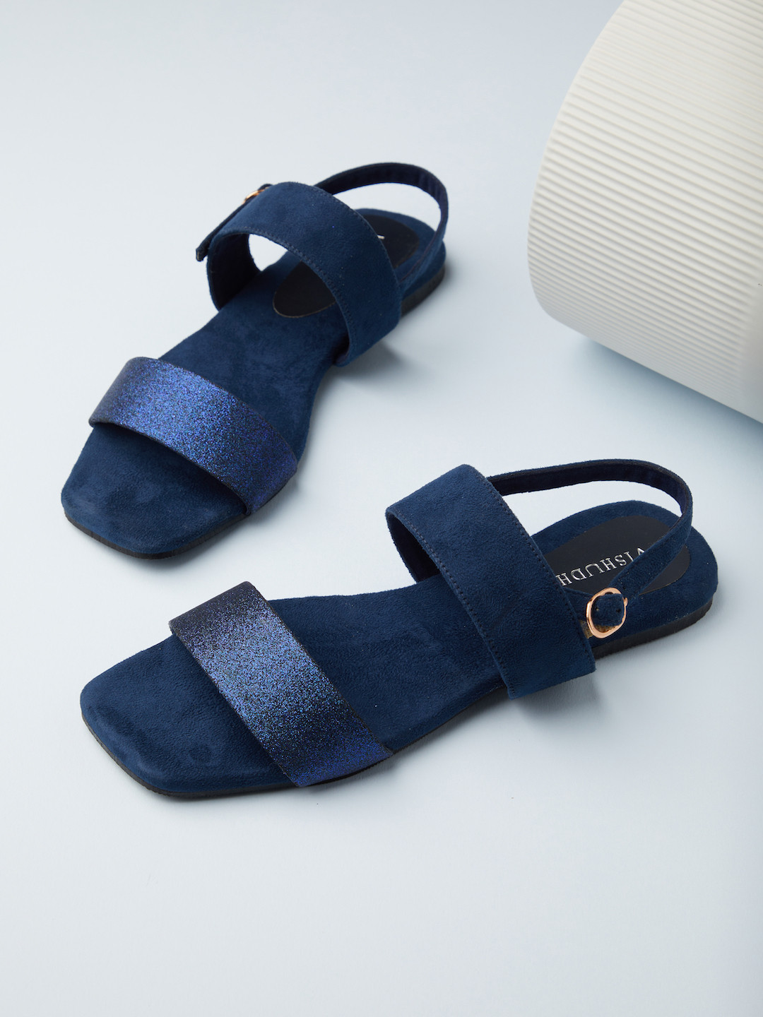 Vishudh Women Navy Blue Embellished Open Toe Flats