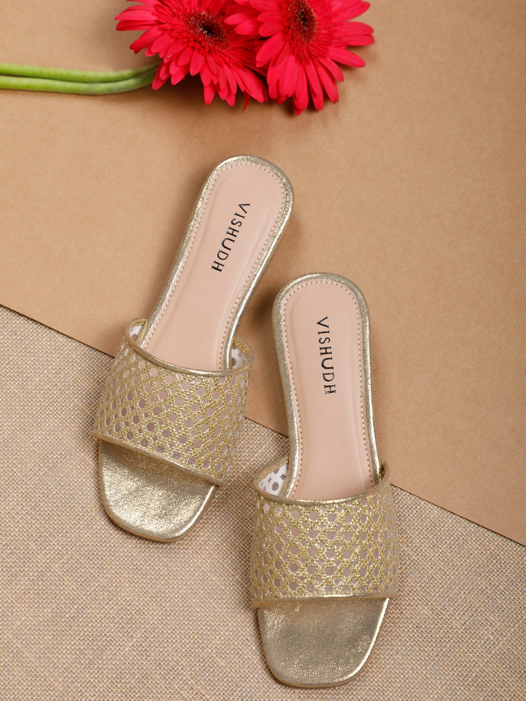 Vishudh Women Gold-Toned Textured Open Toe Flats