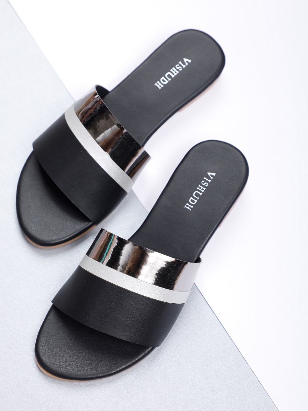 Vishudh Women Black & Silver-Toned Colourblocked Open Toe Flats