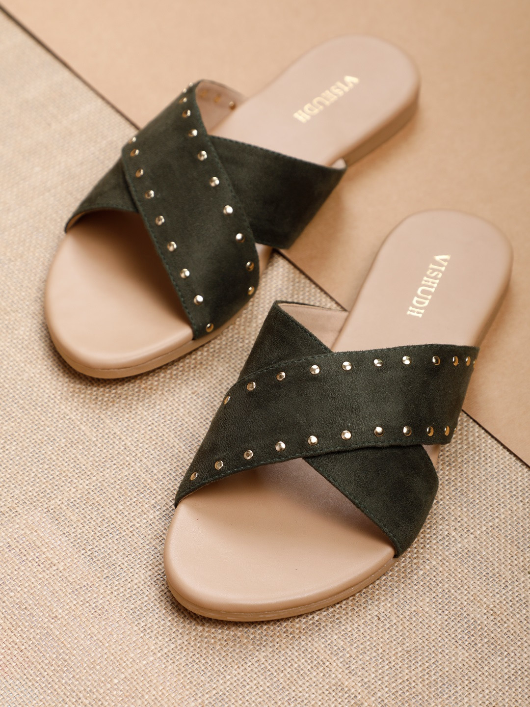 Vishudh Women Olive Green Embellished Open Toe Flats