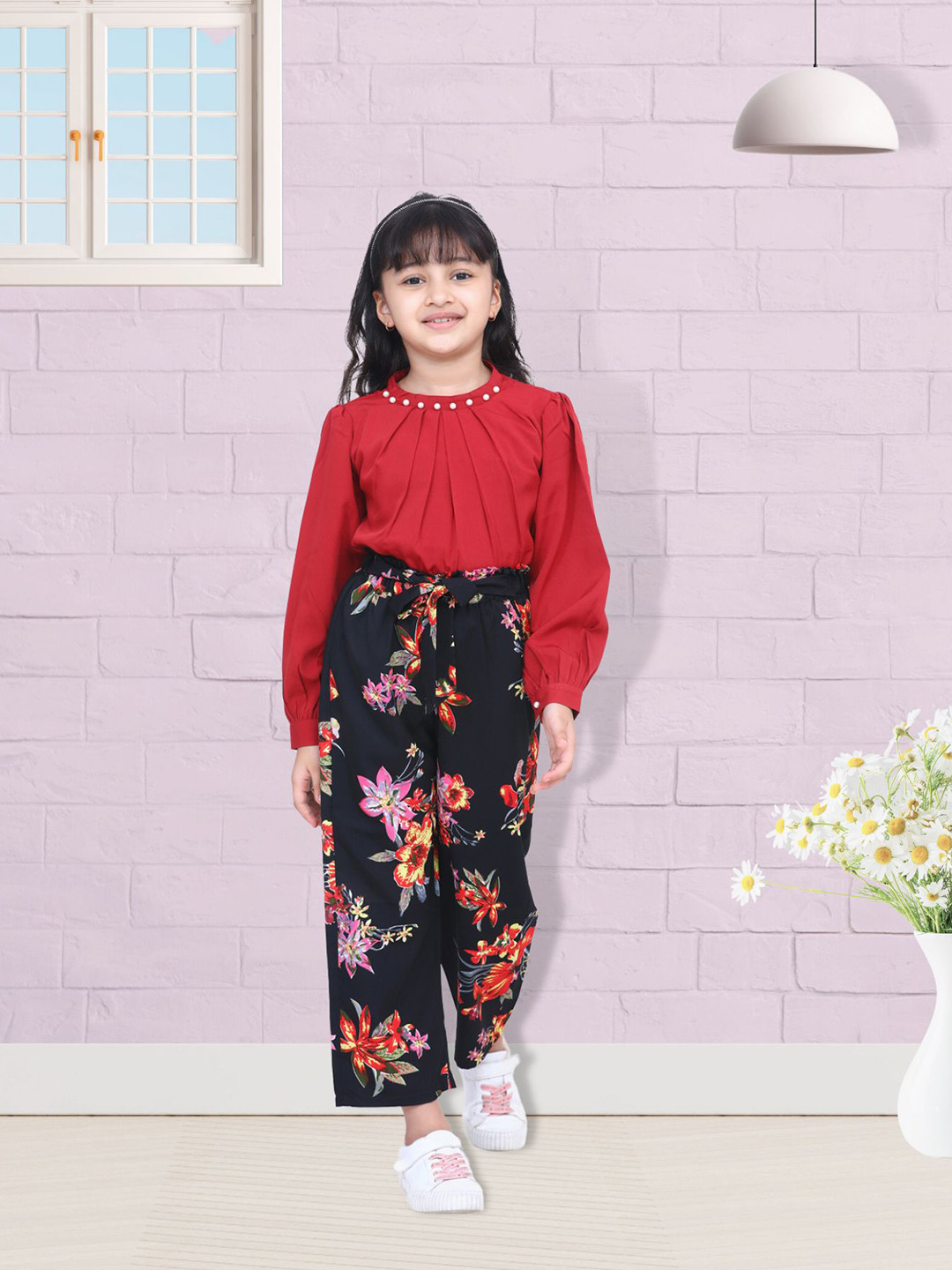 Cutiekins Girls Maroon & Black Printed Top with Palazzos