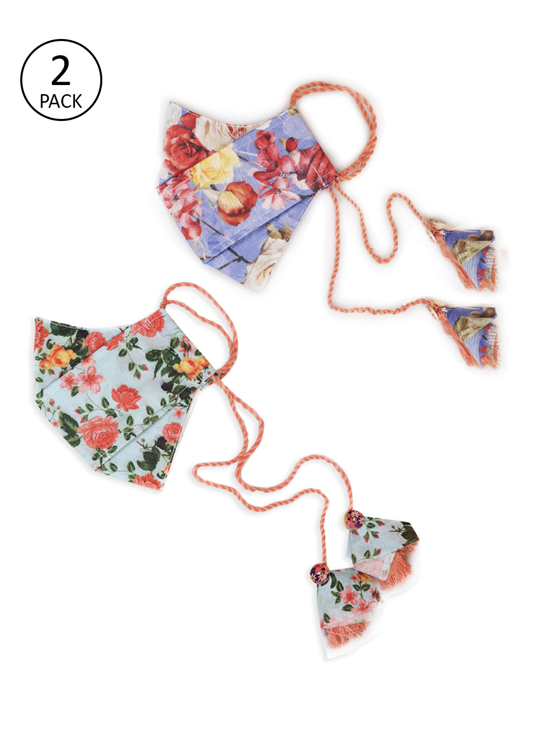 VASTRAMAY Unisex Pack of 2 Pcs Blue & Pink Reusable 3-Ply Cloth Masks With Potli Bag