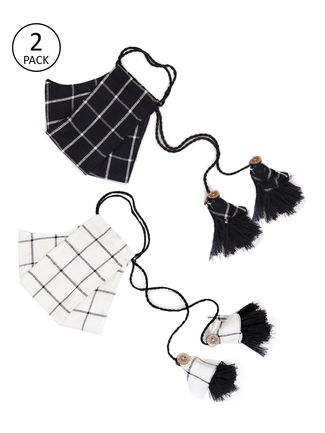 VASTRAMAY Unisex Pack of 2 Pcs Black & White Reusable 3-Ply Cloth Masks With Potli Bag
