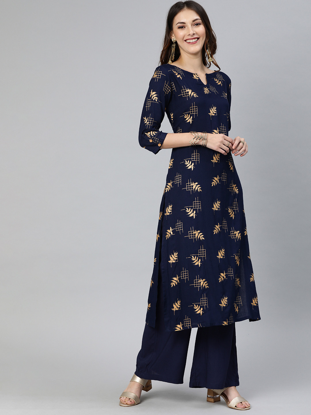 Swishchick Women Navy Blue & Gold-Coloured Printed Straight Kurta