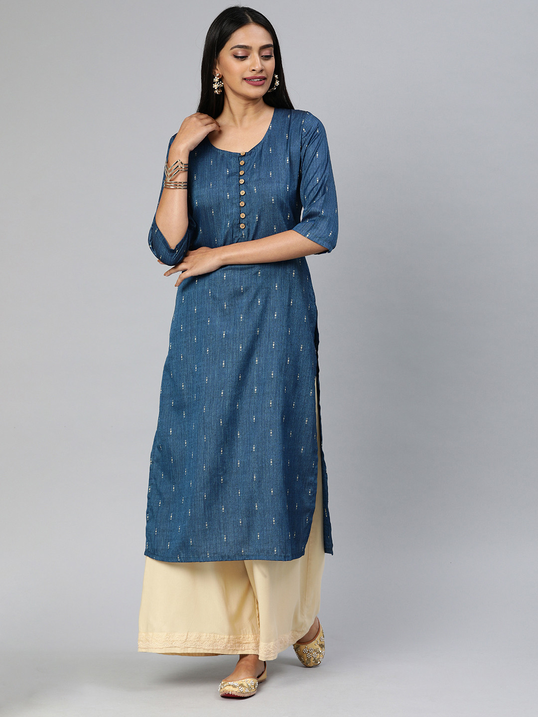 Swishchick Women Navy Blue & Gold-Coloured Woven Design Straight Kurta