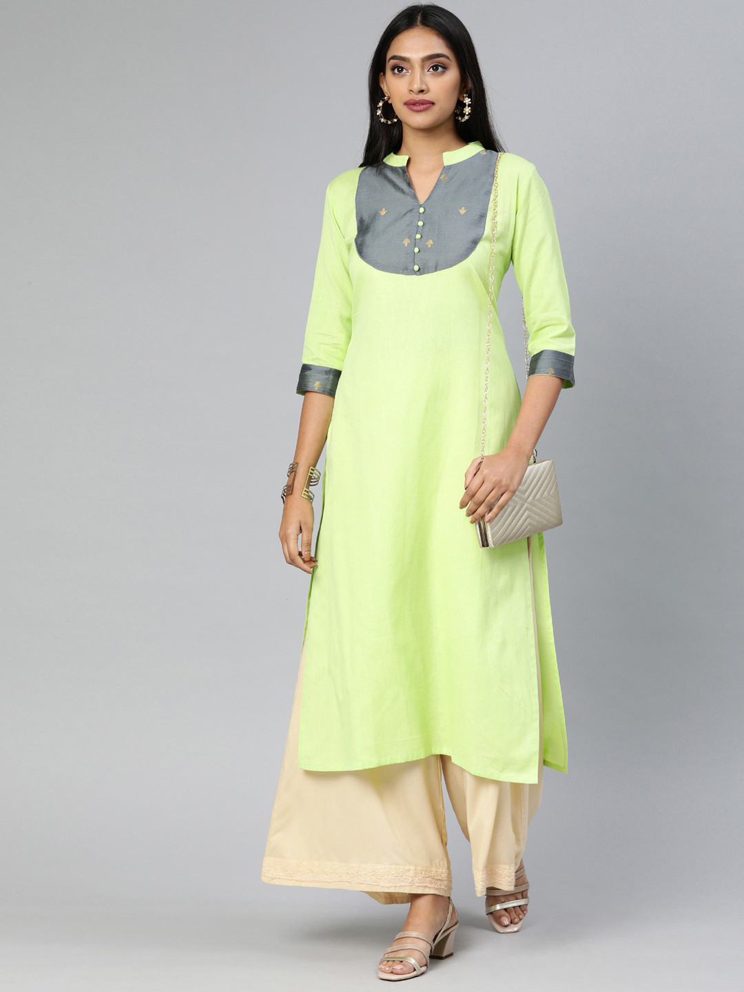 Swishchick Women Green & Grey Yoke Design Straight Kurta