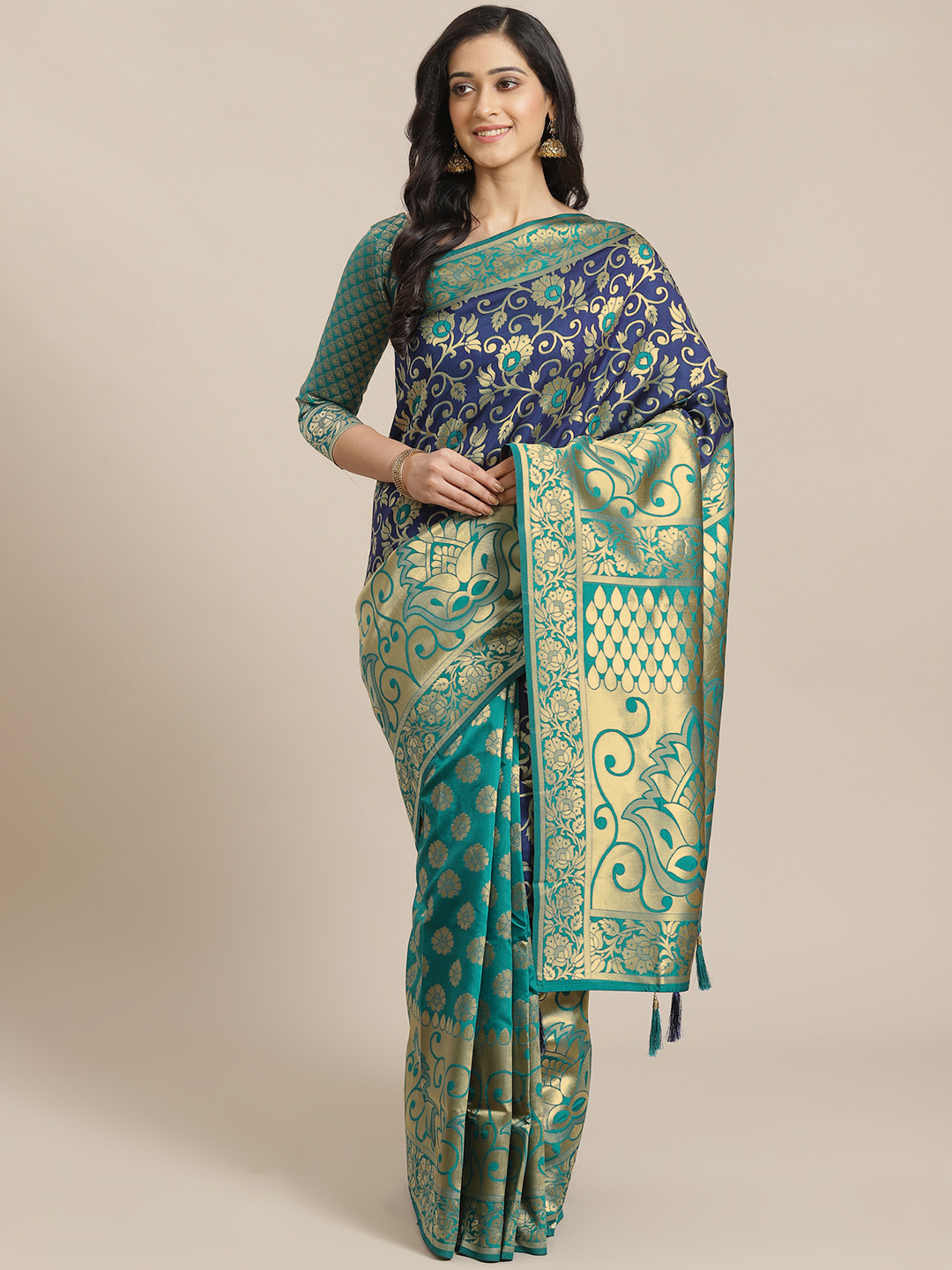 Mitera Teal Green  & Golden Half-&-Half Zari Woven Dharmavaram Saree