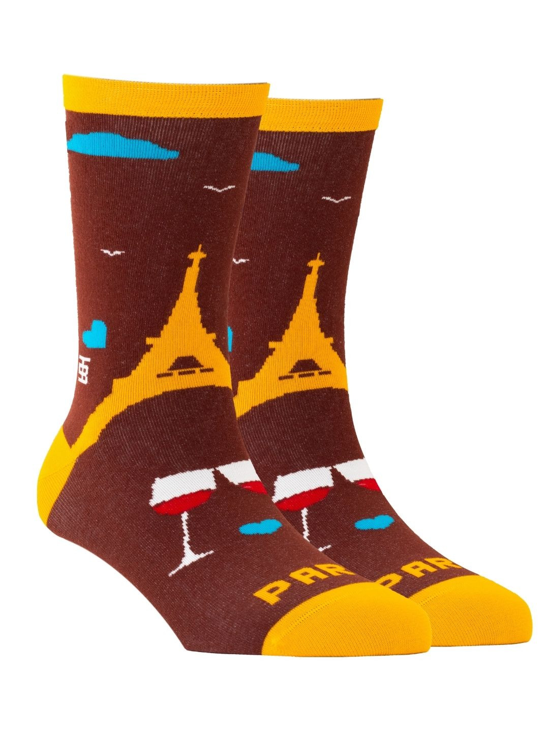 SockSoho Men Brown & Mustard Yellow Eiffel Tower Patterned Above Ankle-Length Socks