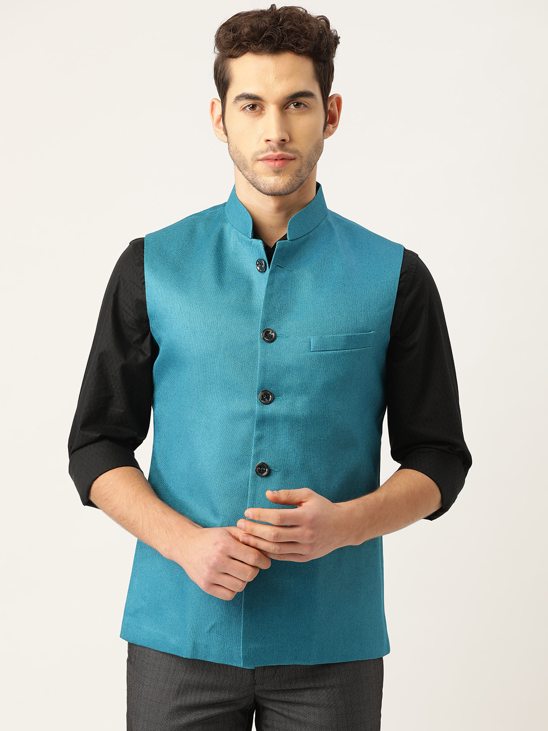Vastraa Fusion Men Teal Blue Woven Design Nehru Jacket
