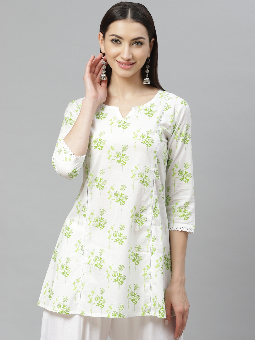 Myshka Women White   Green Floral Print Tunic