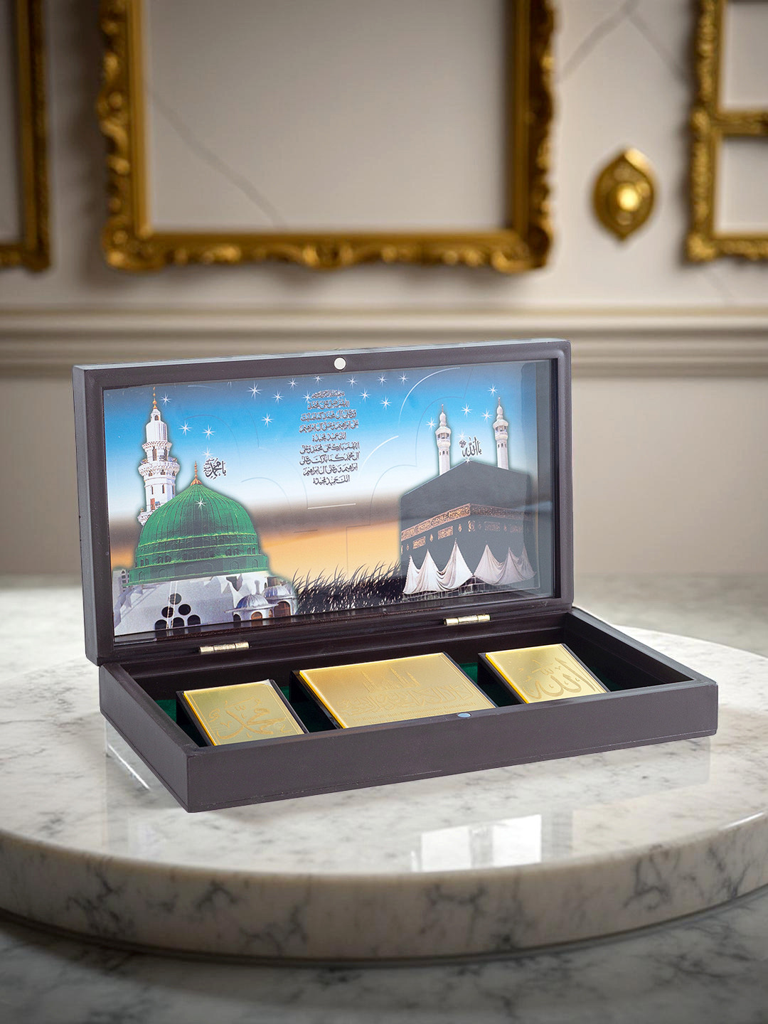 Golden Peacock Allah Muhammad Black Wood Natural Prayer Room Tiny Showpiece - 1.7 Inches