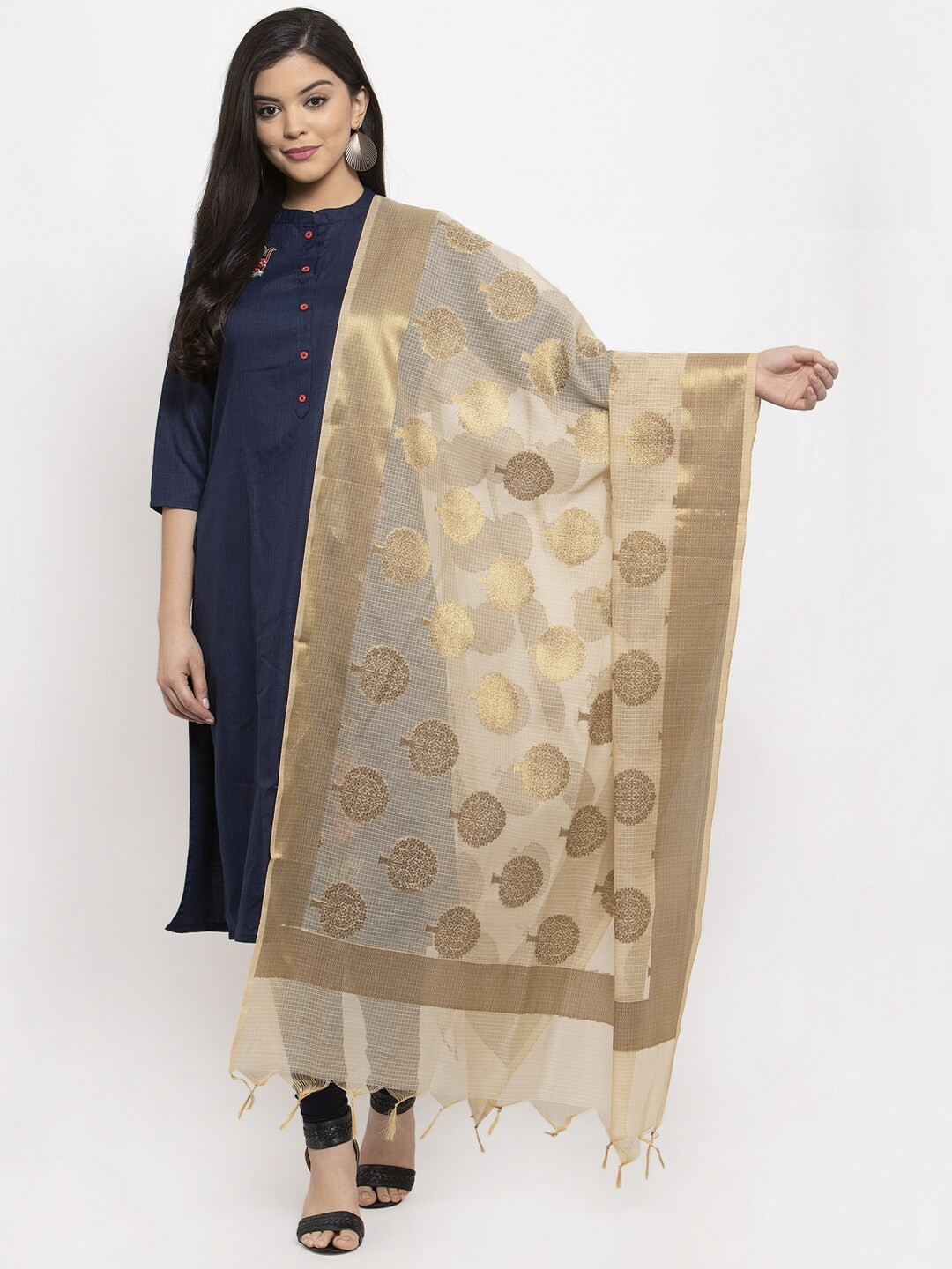 LOOM LEGACY Gold-Coloured Woven Design Jacquard Banarasi Dupatta