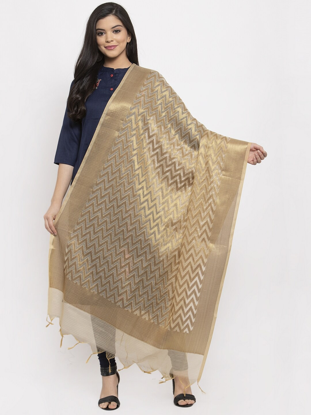 LOOM LEGACY Gold Woven Design Dupatta