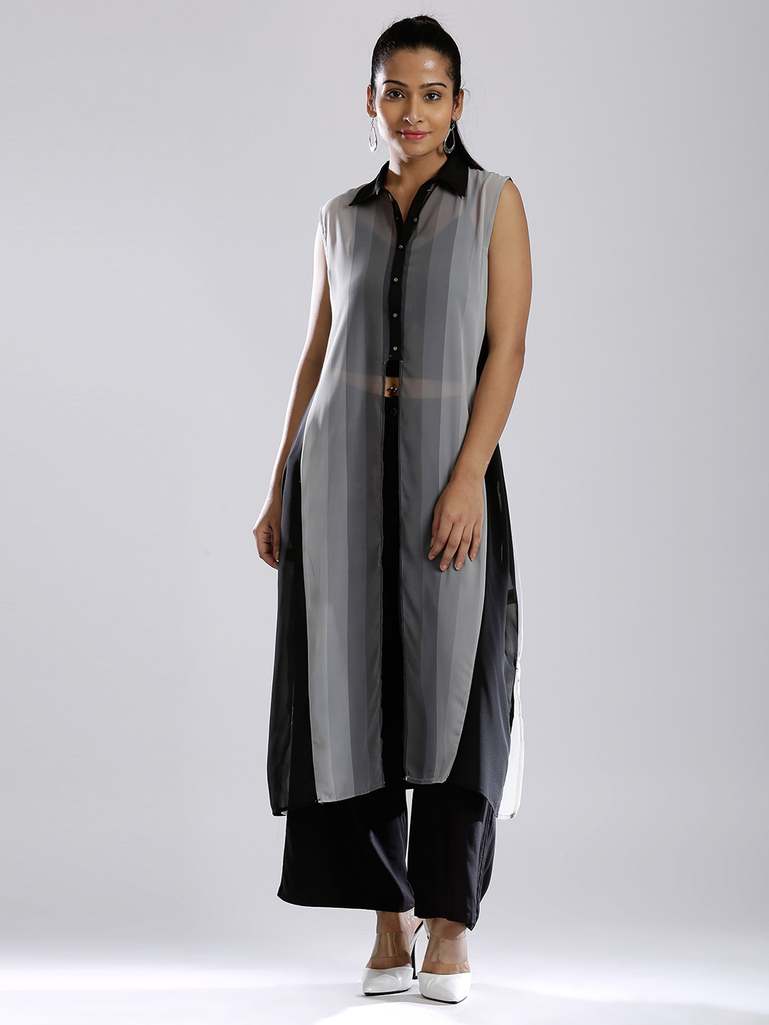 W Grey Striped Sheer Maxi Top