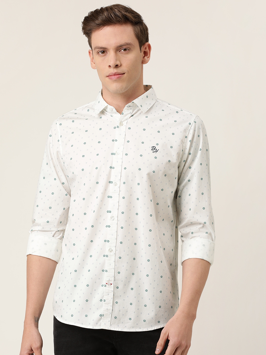Being Human Men White Slim Fit Geometric Printed Casual Shirt