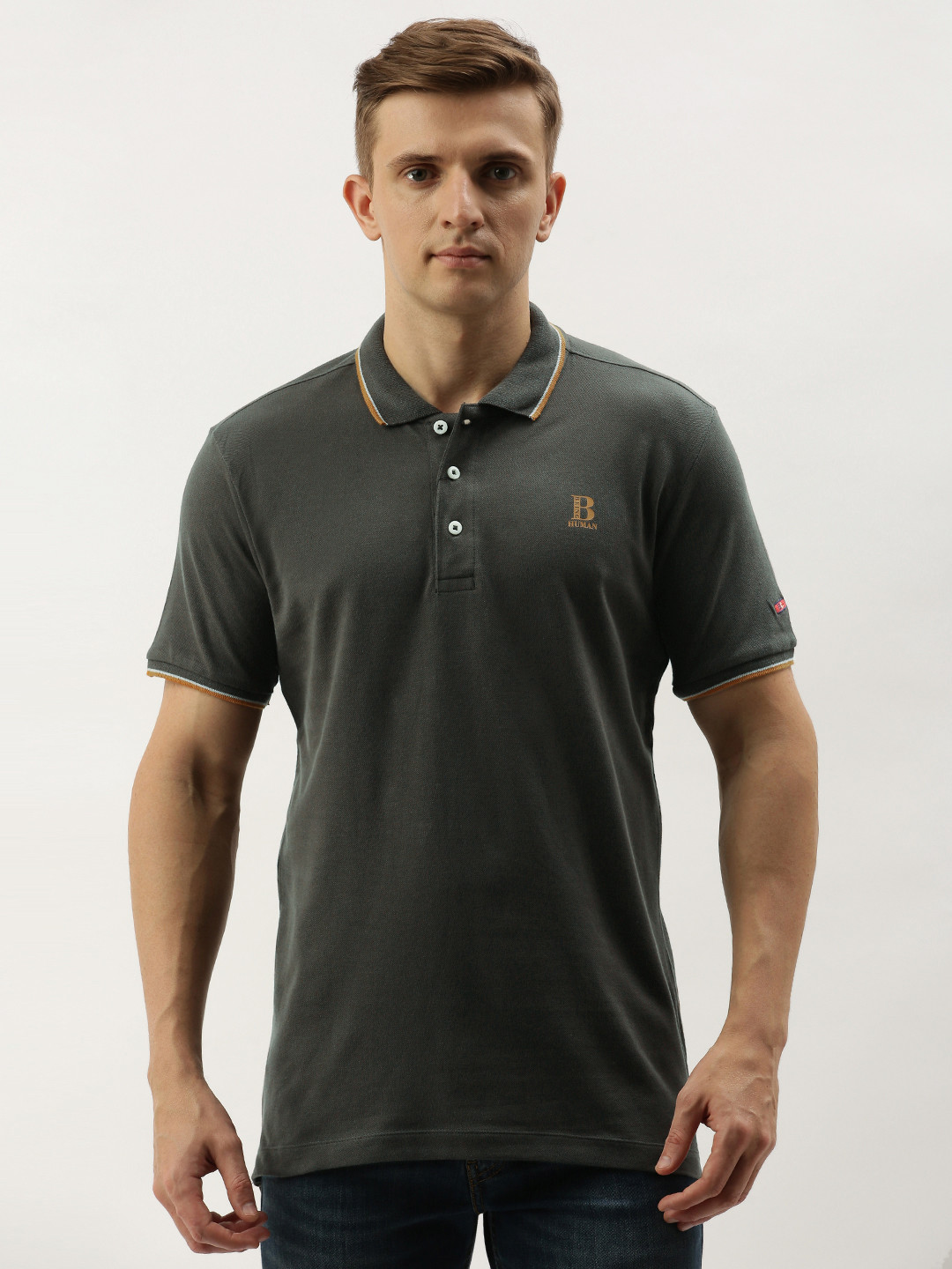 Being Human Men Grey Solid Polo Collar Pure Cotton T-shirt
