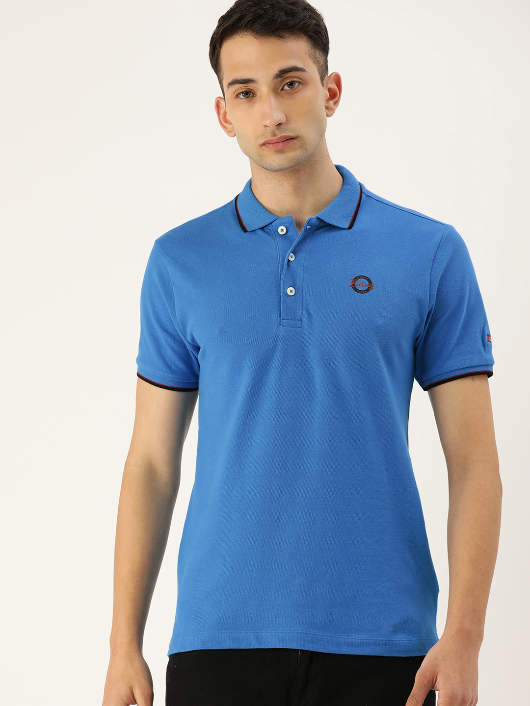Being Human Clothing Men Blue Solid Polo Collar Pure Cotton T-shirt with Tipping Detail