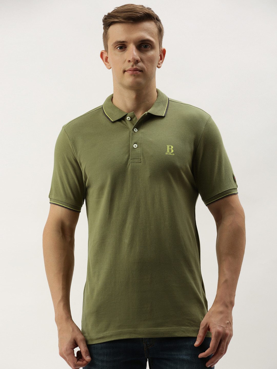 Being Human Men Olive Green Solid Polo Collar Pure Cotton T-shirt