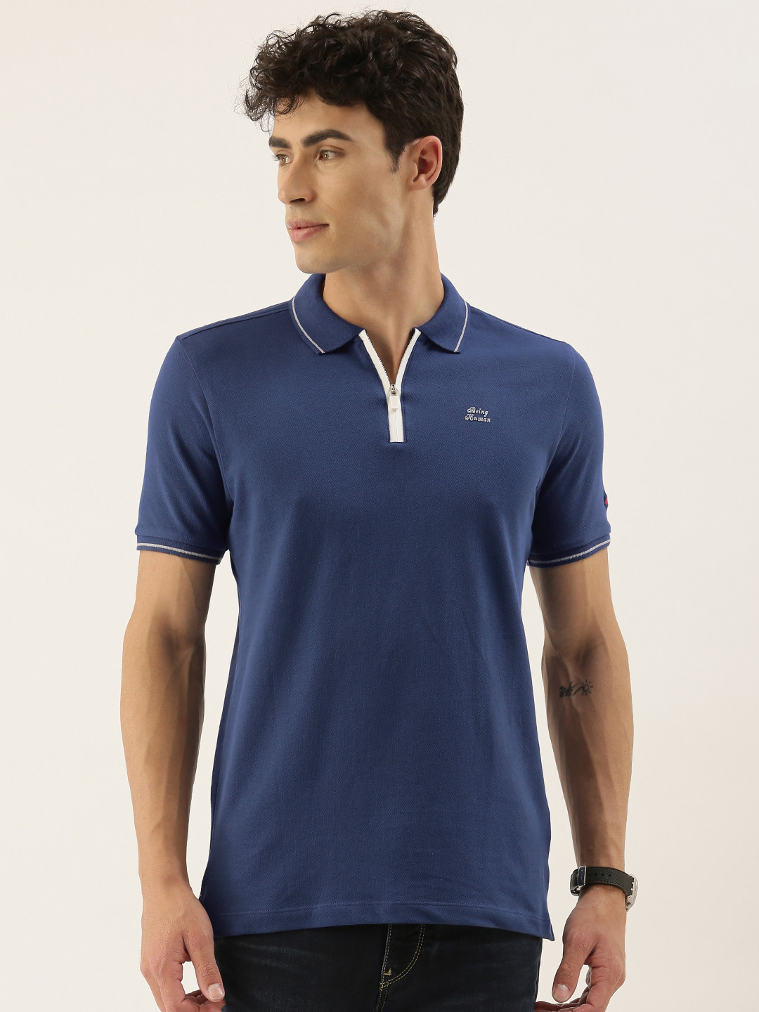 Being Human Men Navy Blue Solid Polo Collar Pure Cotton T-shirt