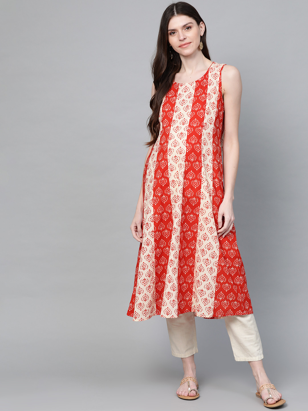 anayna Women Red & Beige Ethnic Motifs Screen Print A-Line Maternity & Nursing Kurta