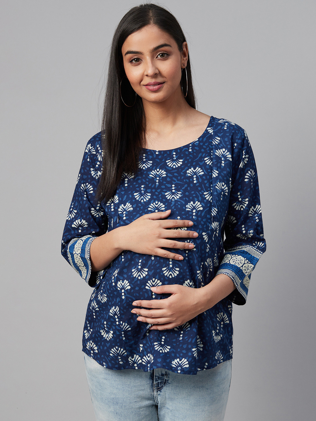 anayna Women Blue & Off-White Ethnic Motifs Print Maternity & Nursing Pure Cotton Top