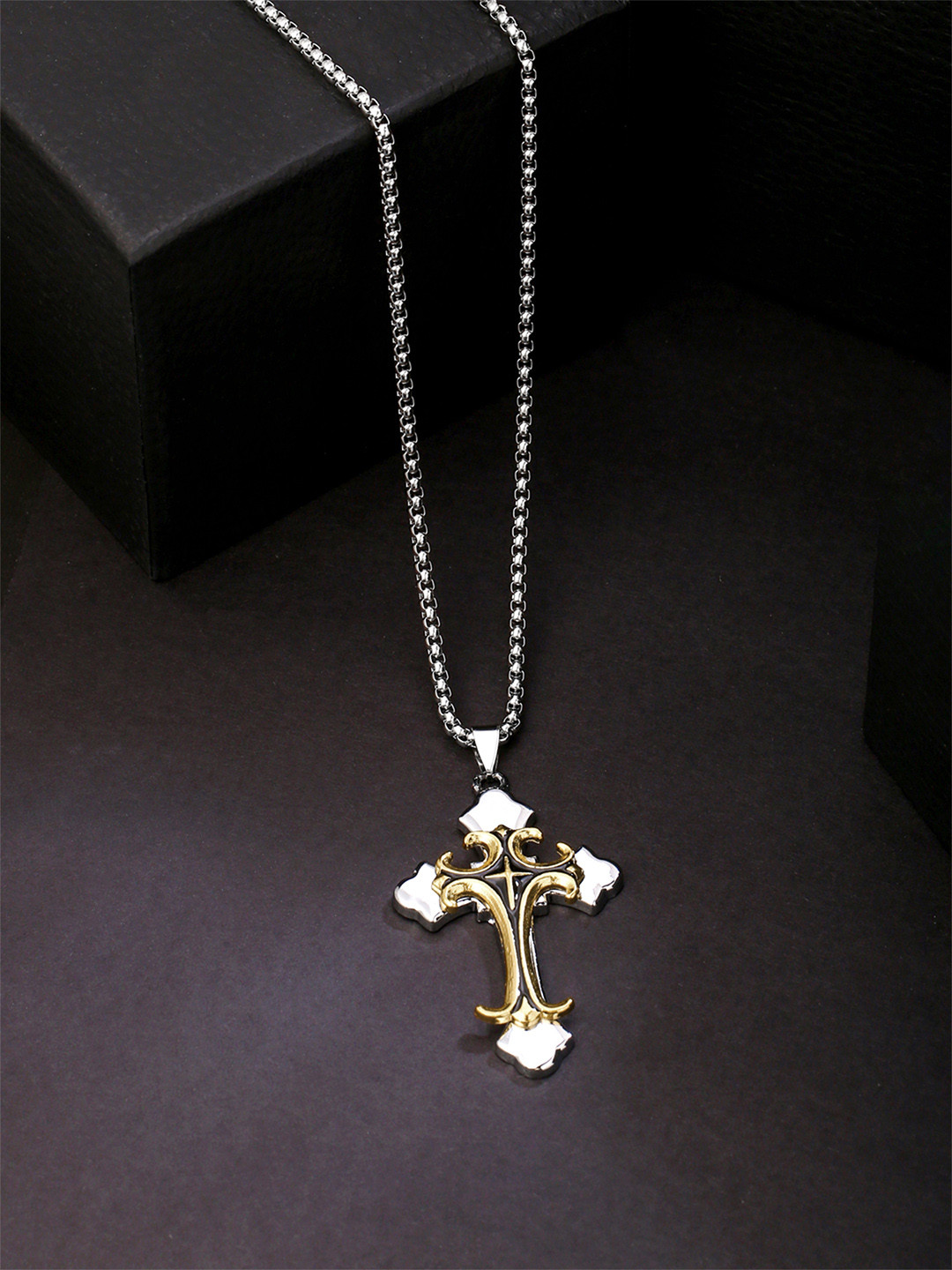 Yellow Chimes Men Silver-Toned Rhodium Plated Cross Mark Pendant with Chain