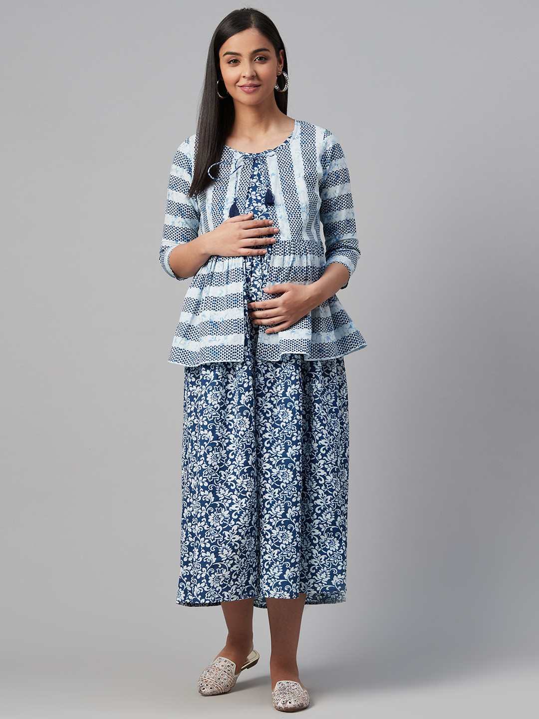 anayna Blue & White Ethnic Motifs Printed Cotton Maternity A-Line Dress with Ethnic Jacket