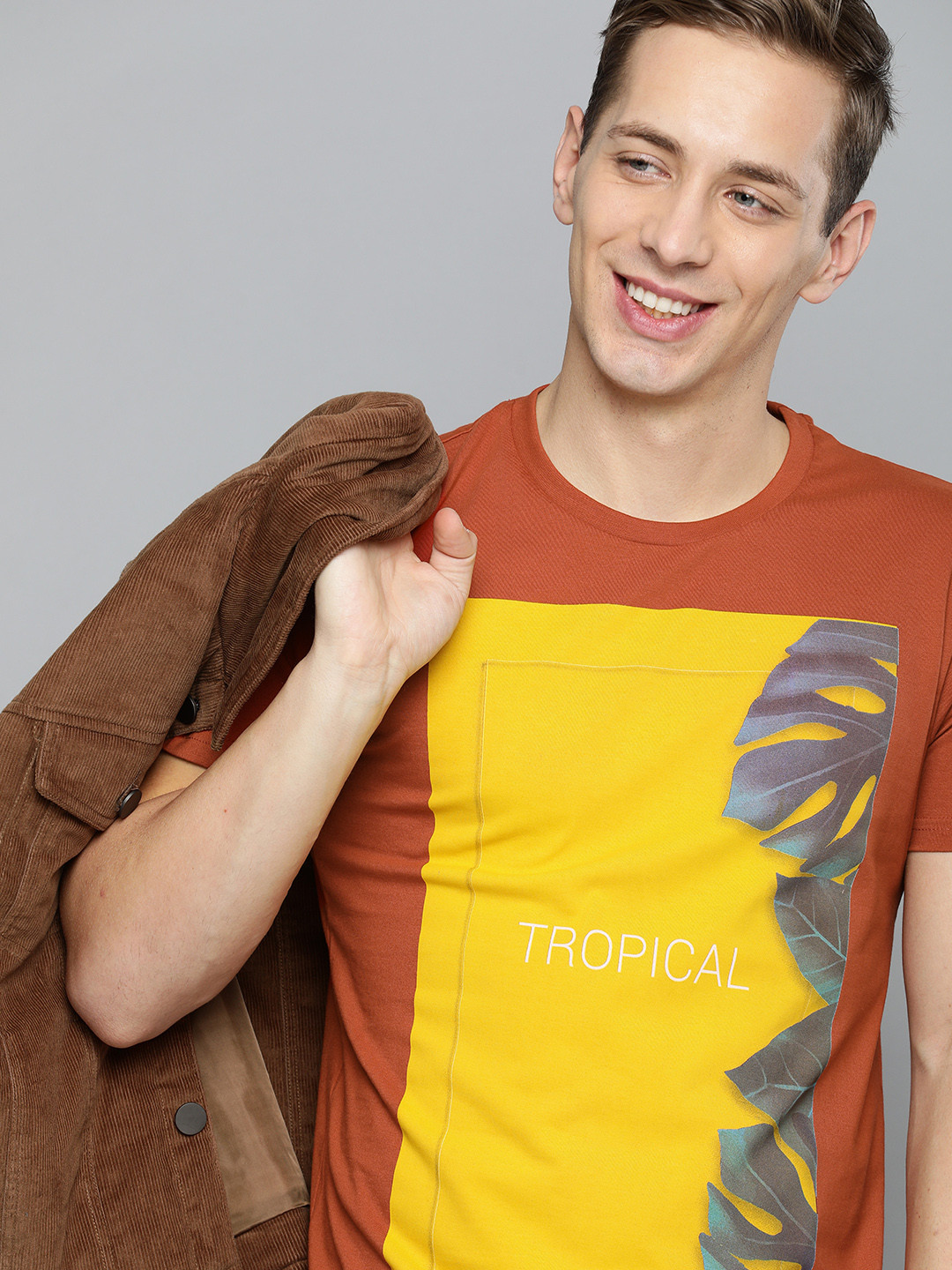 HERENOW Men Rust Orange  Yellow Tropical Printed Round Neck  Cotton T-shirt