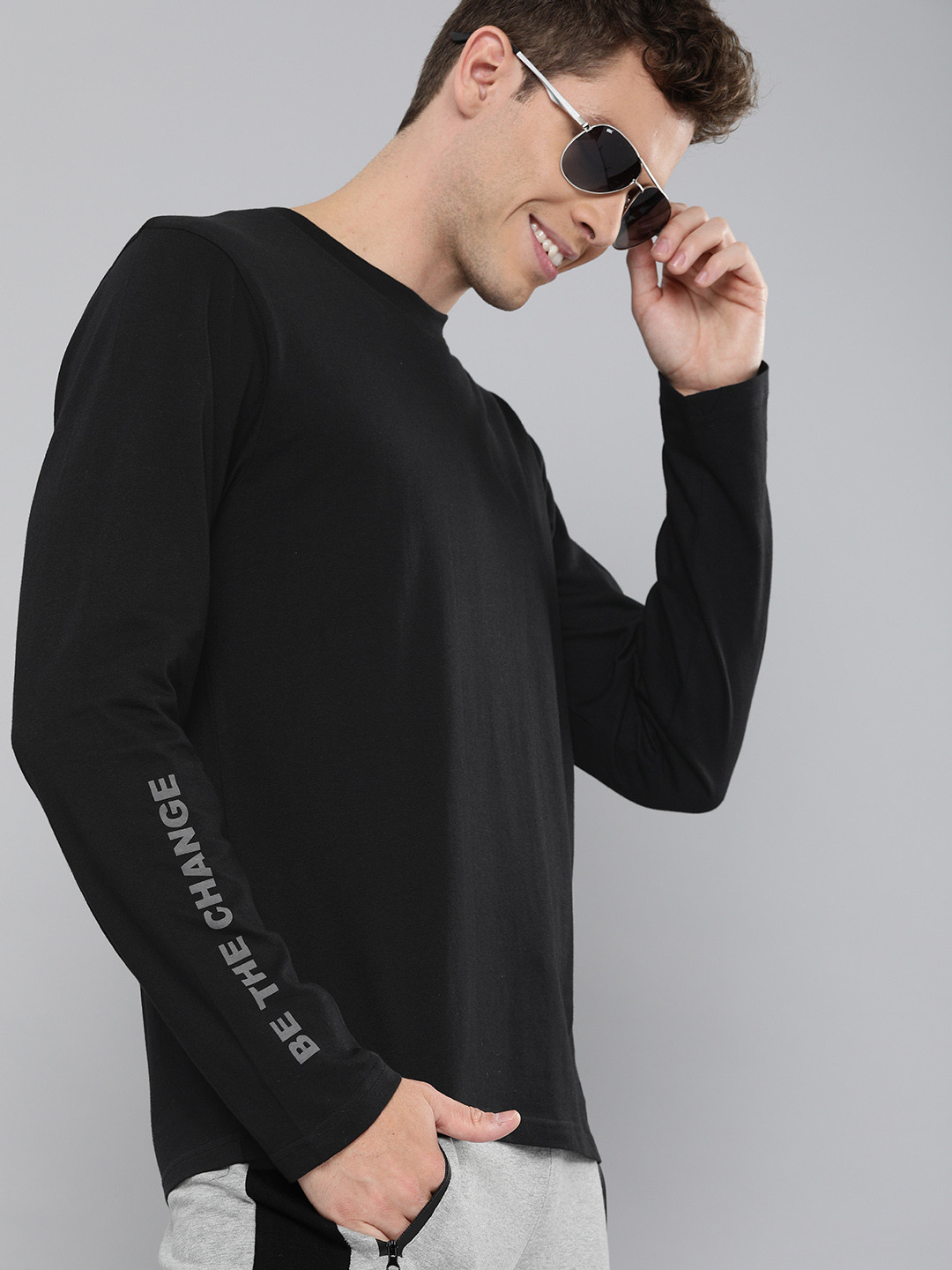 HERENOW Men Black Solid Round Neck Pure Cotton T-shirt with Printed Detail