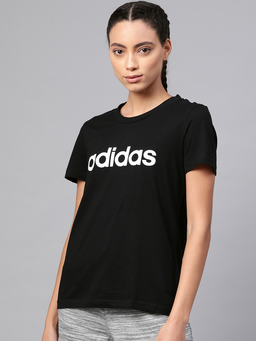 ADIDAS Women Black Solid Essentials Linear Slim Fit T-shirt