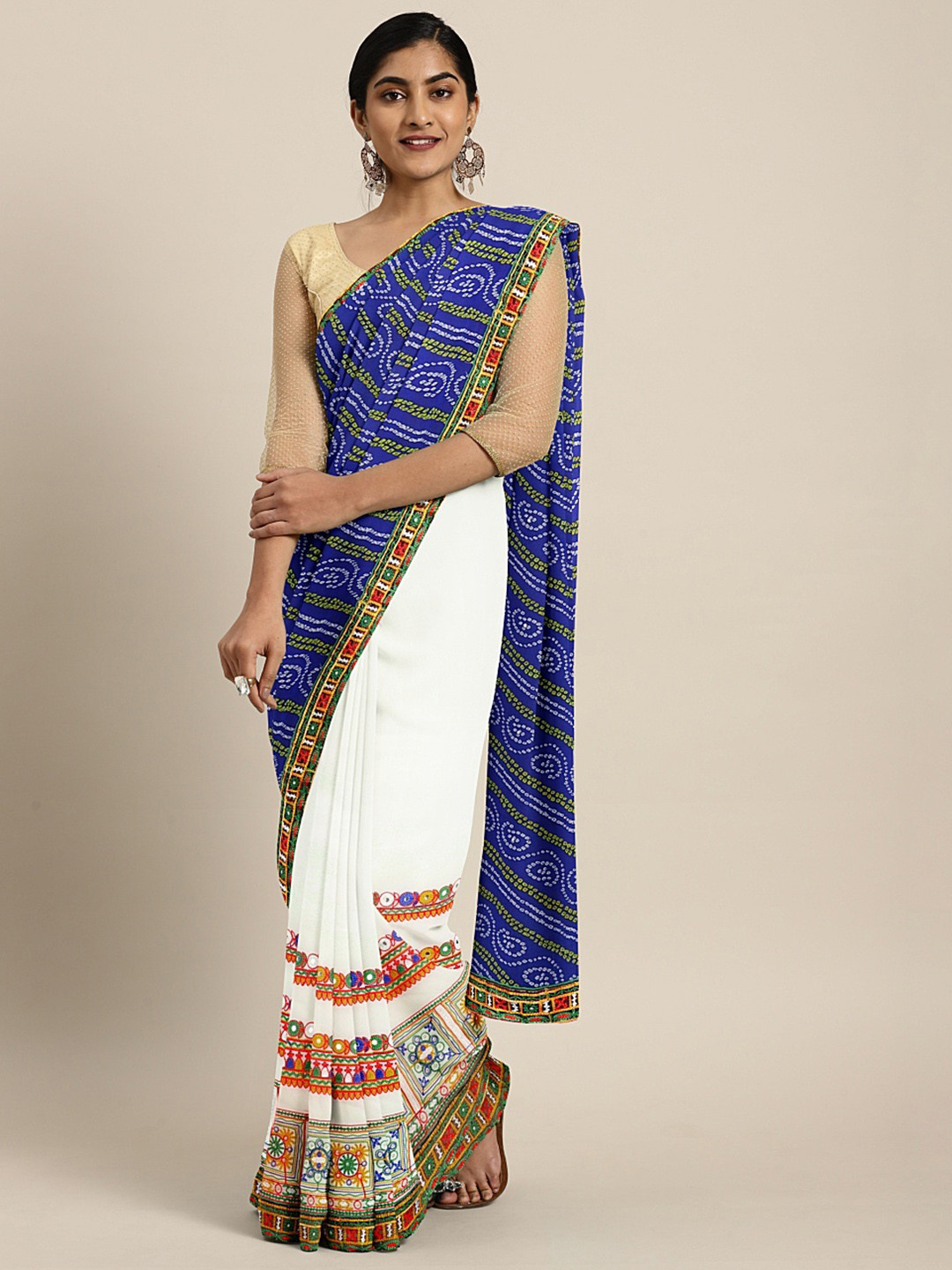 Mitera White & Blue Pure Georgette Bandhani Printed Kutch Embroidered Half & Half Saree