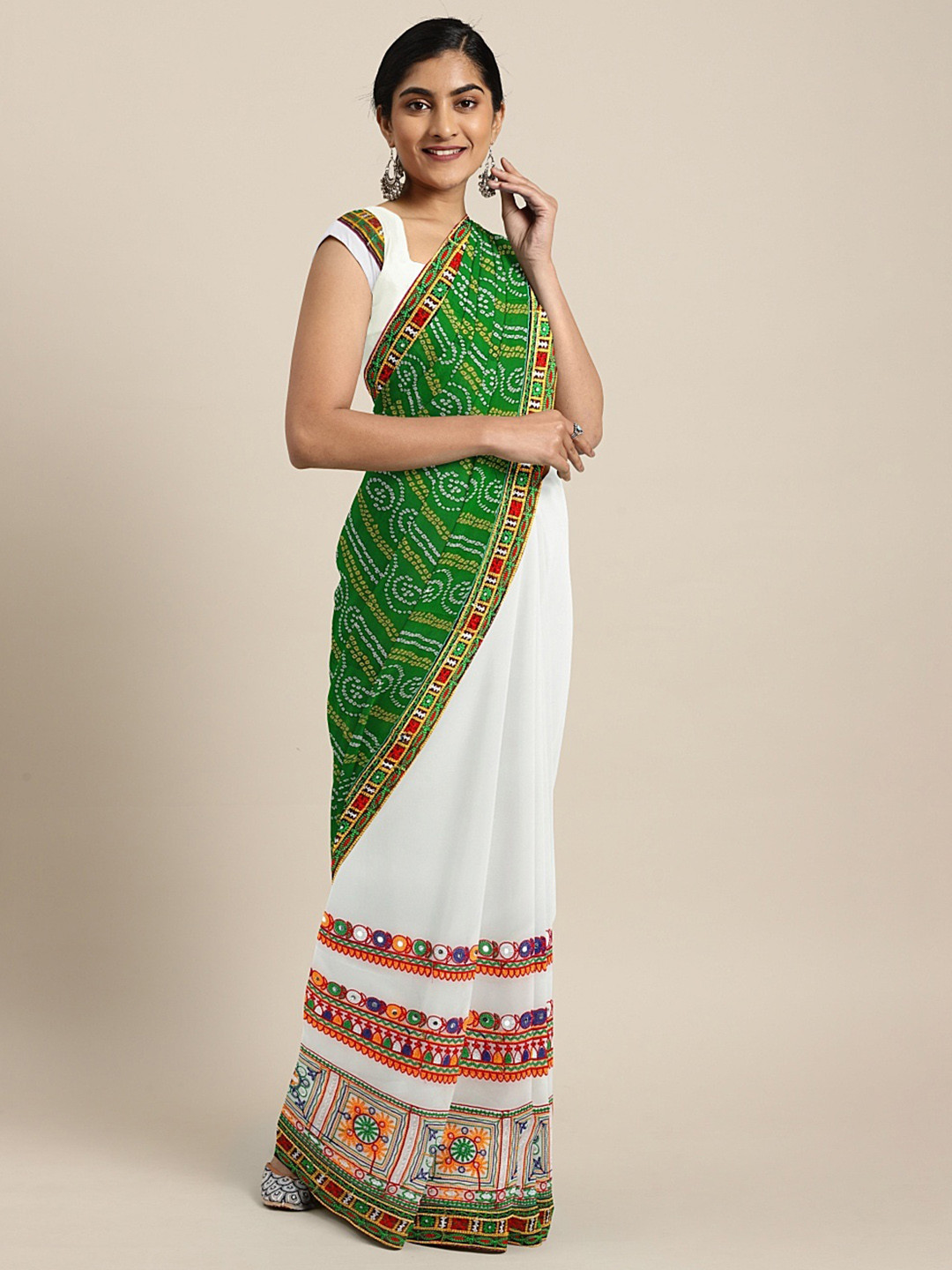 Mitera Green & White Pure Georgette Printed Saree