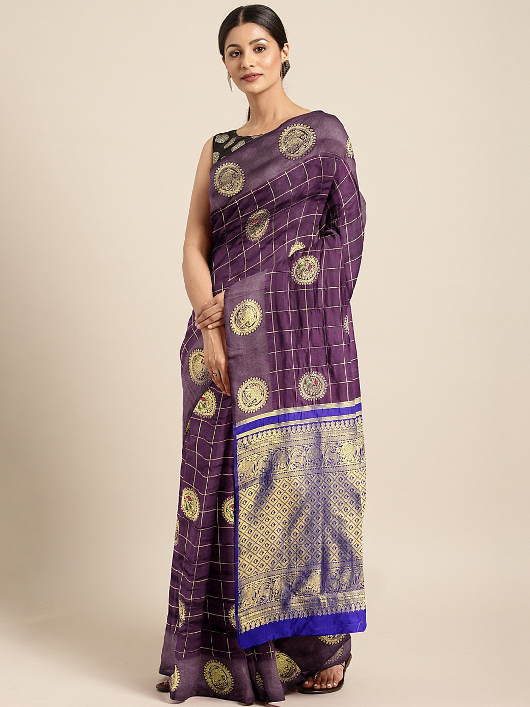 Mitera Purple & Golden Silk Cotton Woven Design Banarasi Saree