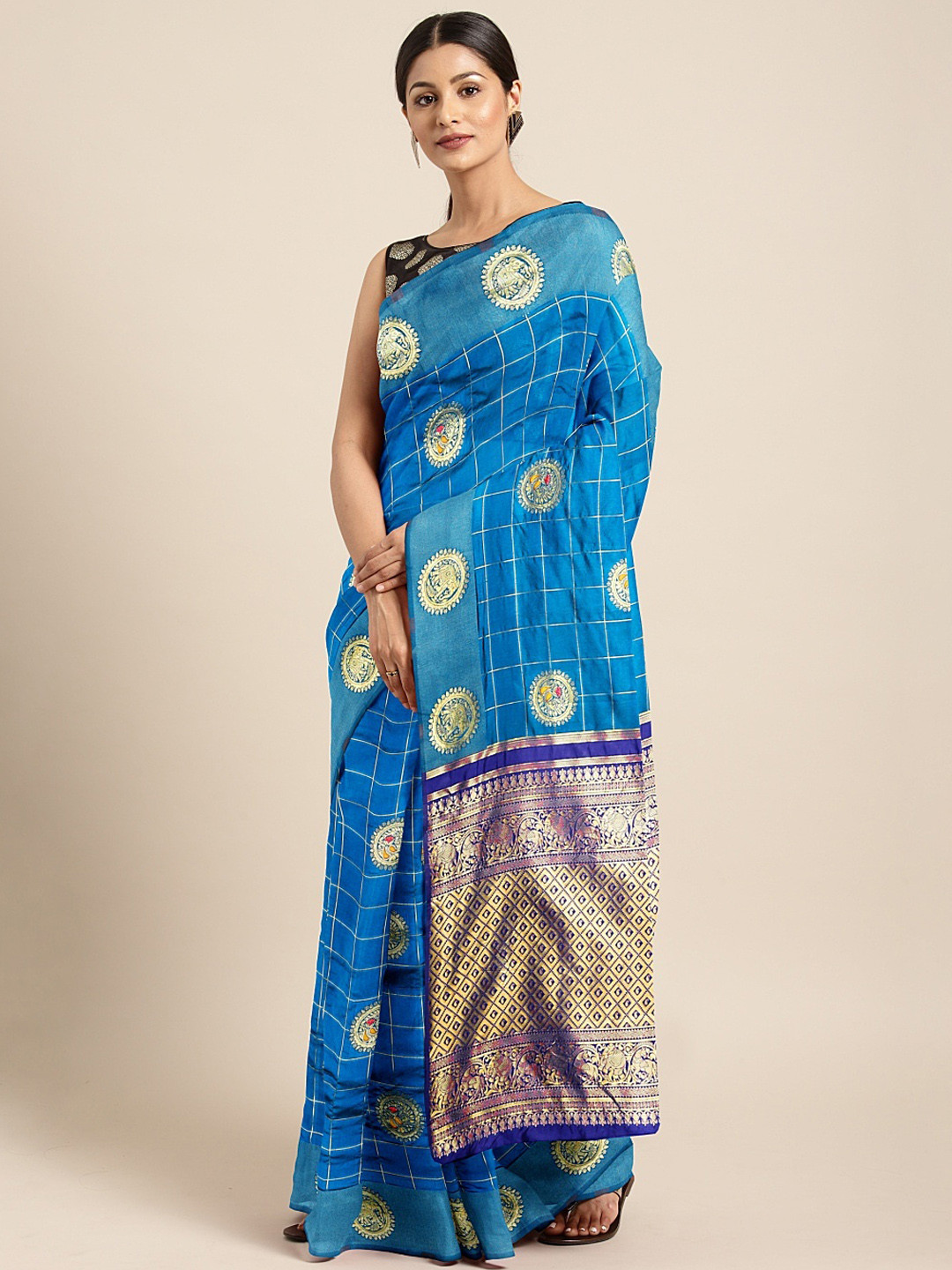 Mitera Blue & Golden Silk Cotton Woven Design Banarasi Saree