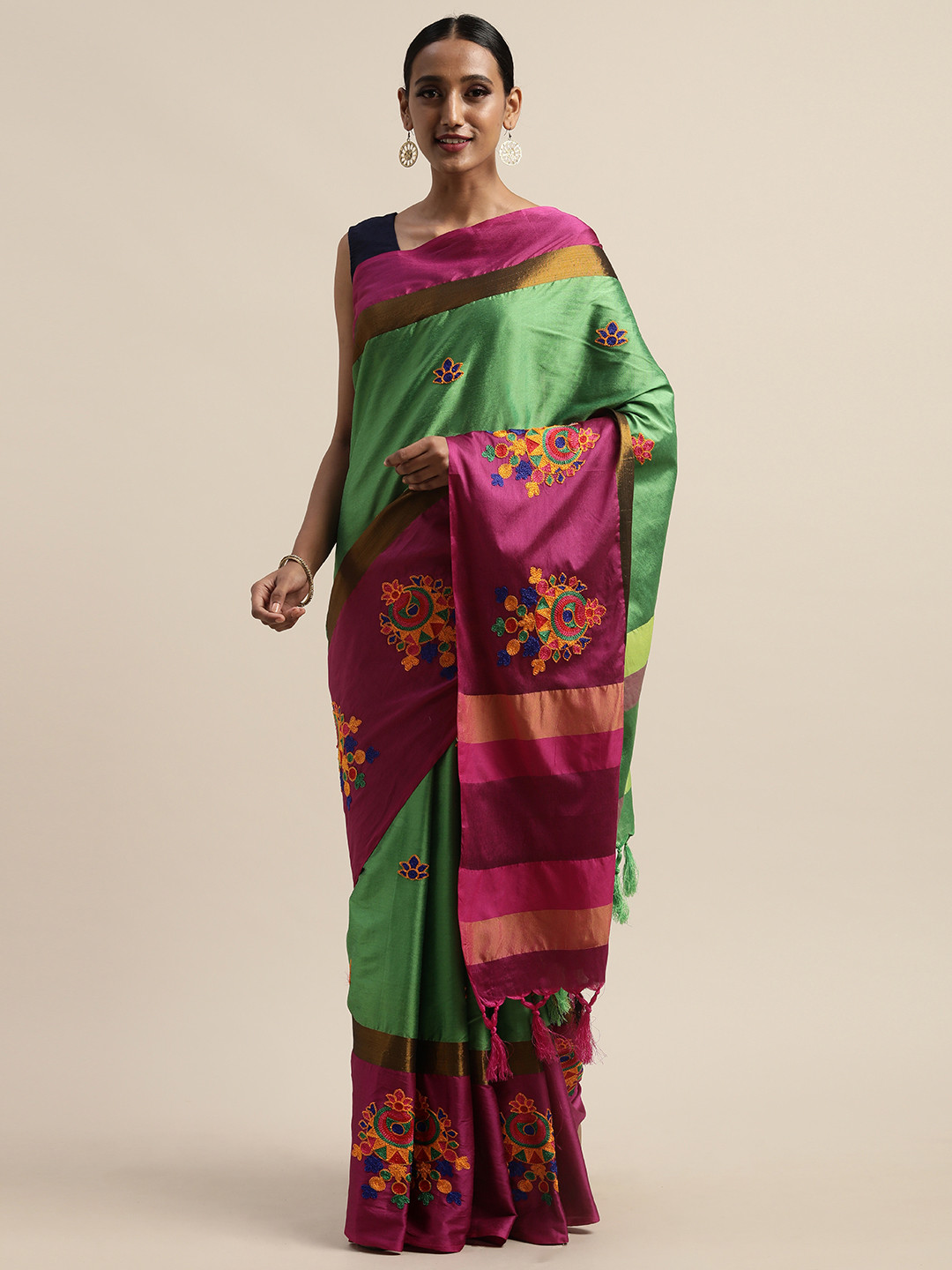 Mitera Green Embroidered Silk Cotton Saree