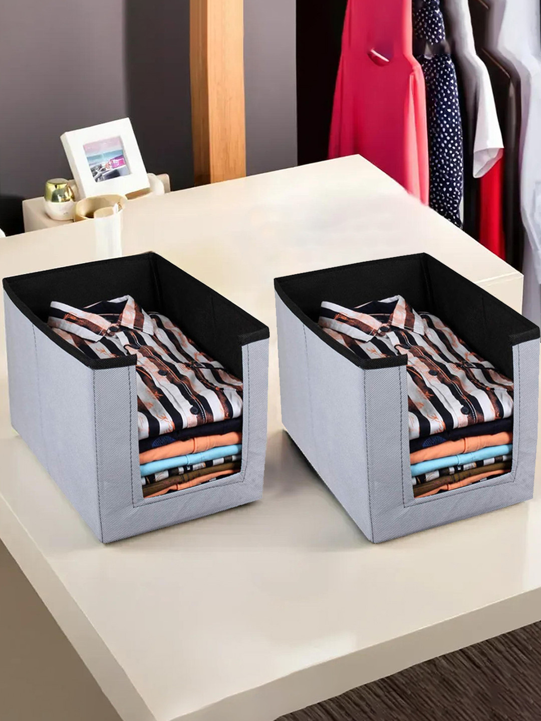 Kuber Industries Set Of 2 Grey & Black Solid Non-Woven Sustainable Wardrobe Organizer