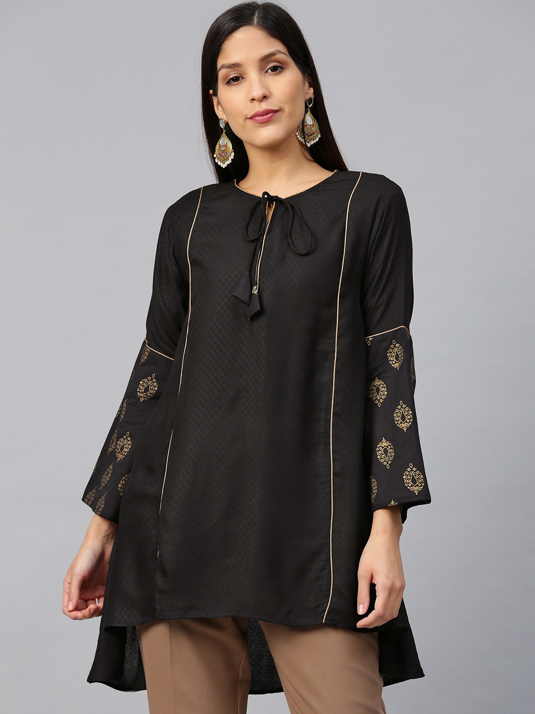 Bhama Couture Black Self-Design A-Line High-Low Pure Cotton Kurti